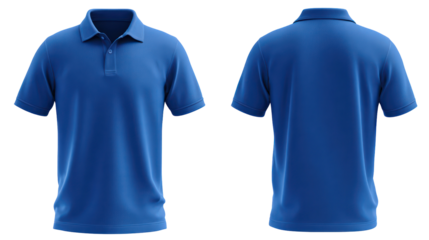 Blue polo shirt front and back view isolated on transparent background