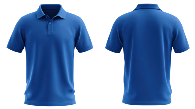 Blue polo shirt front and back view isolated on transparent background