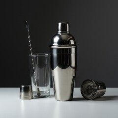 Classic stainless steel and glass cocktail shaker set ready for mixing beverages on a clean white surface in a professional setting ,sleek ,hospitality ,crafting