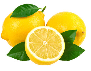 Three bright lemons, one cut in half, surrounded by green leaves on a transparent background