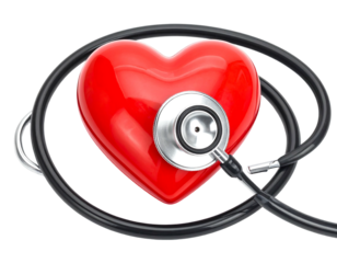 Red heart with black stethoscope, medical concept, on black background. Rendered 3D