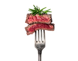Succulent, medium-rare sliced steak is skewered on a fork, topped with rosemary sprigs against a stark black backdrop