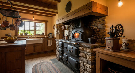 Rustic Country Kitchen with Large Stone Hearth and Wood Stove (49