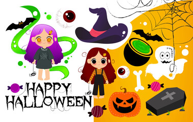 Cute Halloween Characters Vector Set &ndash; Cartoon Ghosts, Pumpkins, and Bats Illustration