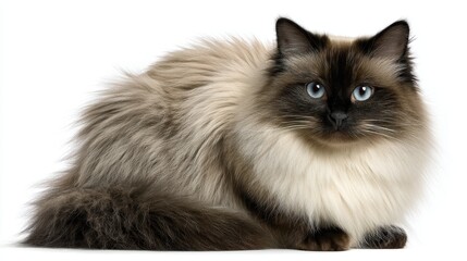 Luxurious Himalayan Cat with Blue Eyes Sitting on White Background