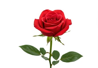 A vibrant single red rose bloom displayed prominently against a pure white background, symbolizing love, romance, and elegance ,perfect ,isolated ,petals