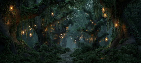 Enchanted forest path with glowing lanterns offers a magical escape into nature's beauty and inspiring fantasy landscapes