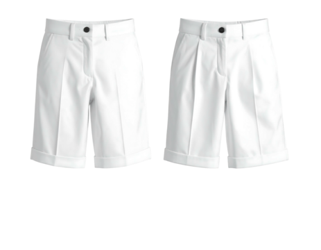 Two pairs of white, cuffed shorts are isolated on a black background, displayed side-by-side