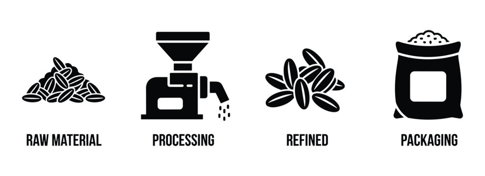 Coffee processing icon set raw material, processing, refined product, packaging steps