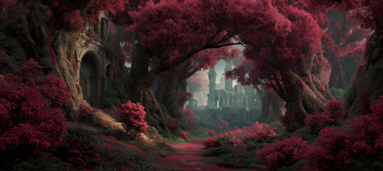 Fototapeta premium Enchanting journey through crimson forest to ancient castle ruins, perfect for fantasy art, book covers and magical landscapes