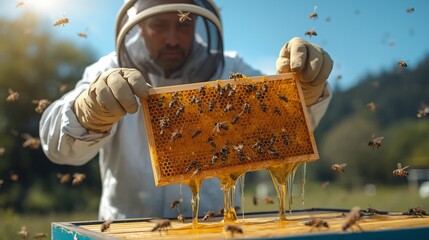 A beekeeper in a protective suit holds a honeycomb frame with active bees and dripping golden honey outdoors on a sunny day, showcasing natural honey production.