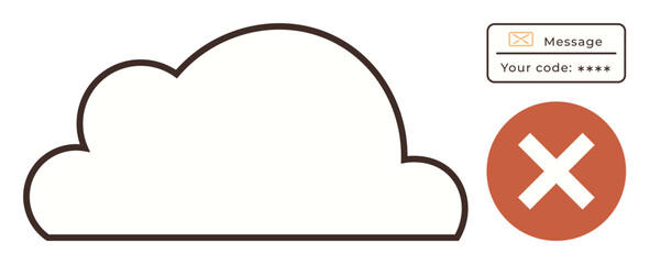 Cloud outline, error cross icon, and security code notification represent denied access to digital cloud storage. Ideal for security, cloud computing, data protection, error, technology, access