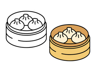 Round bamboo steamer with three dumplings, shown in outline and colored versions, perfect for dim sum, Asian food, or cooking-themed coloring pages.