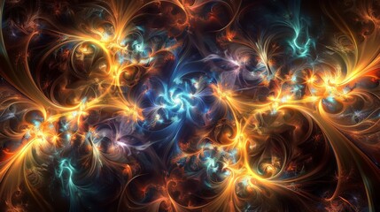 Abstract fractal art with swirling patterns in blue and orange.