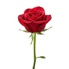 Naklejka premium A vibrant single red rose with rich velvet petals and a green stem, perfectly isolated against a clean, pure white background for separation ,scarlet ,pure ,background
