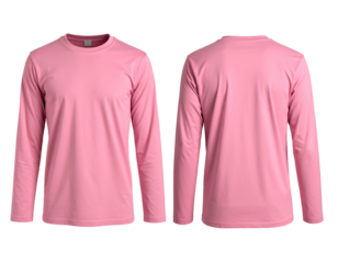 Pink long-sleeve shirt. Front and back views against a black backdrop. Product photography with simple lighting setup