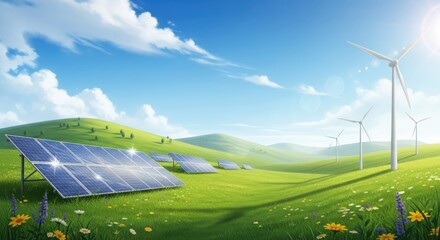 Futuristic City under Clear Sky with Sustainable Energy, Solar Panels and Wind Turbines