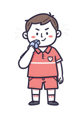 Obraz premium Cartoon boy blowing whistle, referee or coach, sports illustration png clear alpha channel cutout isolated on transparent background