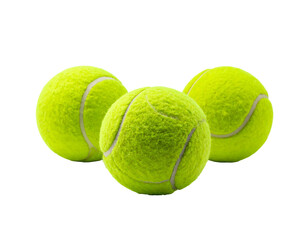 Three bright, textured yellow-green tennis balls are clustered together against a solid black background