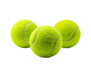 Three bright, textured yellow-green tennis balls are clustered together against a solid black background