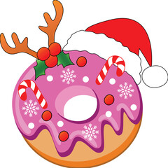 Cute Pink Christmas Donut with Santa Hat, Reindeer Antlers, and Candy Canes