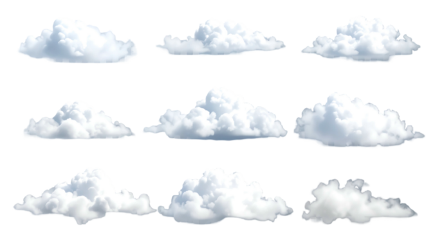 Nine puffy, cumulus clouds scattered in a 3x3 grid layout, isolated against a pure black backdrop