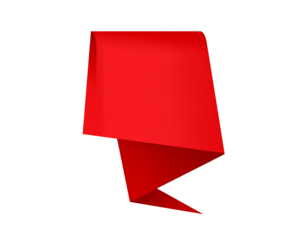 Red origami-like banner with folded edges on a black background, casting subtle shadows, indicating a dimensional shape