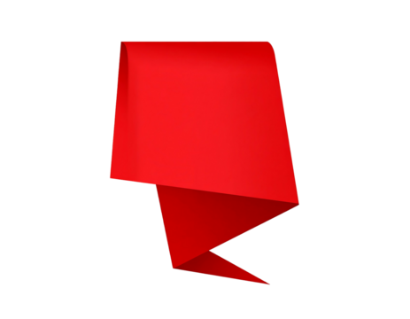 Red origami-like banner with folded edges on a black background, casting subtle shadows, indicating a dimensional shape