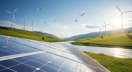 Futuristic City under Clear Sky with Sustainable Energy, Solar Panels and Wind Turbines