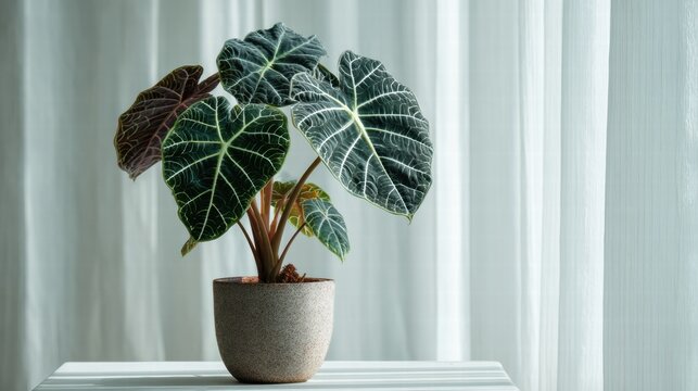 Potted Alocasia Frydek Houseplant on Table Against Sheer White Curtain