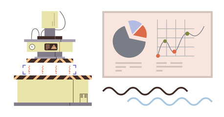 Industrial machine alongside a pie chart, line graph, and waveforms depicting production data. Ideal for manufacturing, technology, business analysis, engineering, process automation, innovation