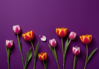 Fototapeta premium Vibrant spring blooms creating a colorful pattern against a deep violet backdrop. Ideal for seasonal design, texture, and abstract floral art ,texture ,abstract ,seasonal