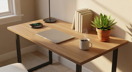 Wooden Desk With Laptop Coffee Cup Books And Wireless Charger computer