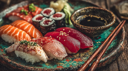Assorted sushi set with soy sauce and chopsticks.