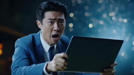 Asian male actor performing on stage with expressive facial expression and holding tablet.