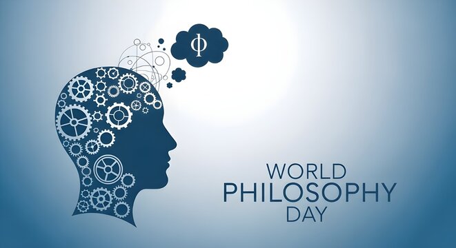 Celebrate World Philosophy Day with this conceptual artwork featuring a human head silhouette filled with gears and a thought bubble, perfect for education
