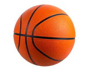 Orange basketball with black lines, textured surface, isolated against black background, showing classic design and round shape