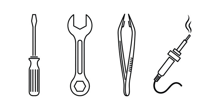 Repair tools screwdriver wrench tweezers soldering iron outline icons