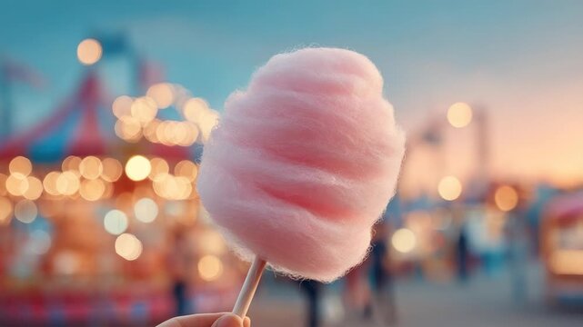 A hand holds a pink cotton candy against a blurred fairground background with bokeh lights