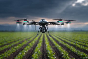 A high-tech drone is flying over a lush field of crops, spraying eco-friendly nutrients to promote healthy growth. This modern farming technique enhances crop yield and sustainability.