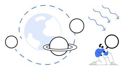 Man using magnifying glass to study planets and planetary rings near Earth illustration. Ideal for education, astronomy, discovery, learning, space research, exploration, curiosity. Minimalist simple © robu_s