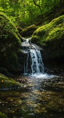 Sparkling clear spring water cascades rapidly over mossy rocks and pebbles deep within a peaceful, lush green woodland environment ,moss ,woods ,current