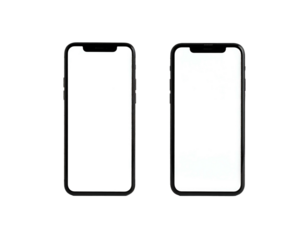 Two black smartphones with blank white screens, side-by-side, isolated against a black background for customizable displays