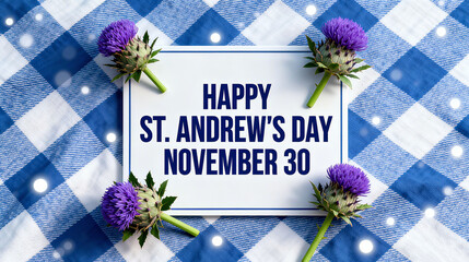 Blue and white checkered cloth with thistle flowers and holiday signs, representing St. Andrew's Day, Scottish culture and celebration, suitable for holiday events and cultural promotion scenes.
