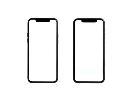 Two black smartphones with blank white screens, side-by-side, isolated against a black background for customizable displays