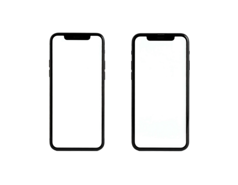 Two black smartphones with blank white screens, side-by-side, isolated against a black background for customizable displays