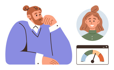 Man considering performance rating gauge, woman in video call. Ideal for remote work, performance review, teamwork, communication, decision-making, productivity virtual collaboration. Simple flat