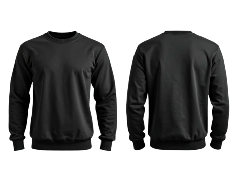 Two black sweatshirts, front and back views, set against a plain black background. Lighting is even and soft