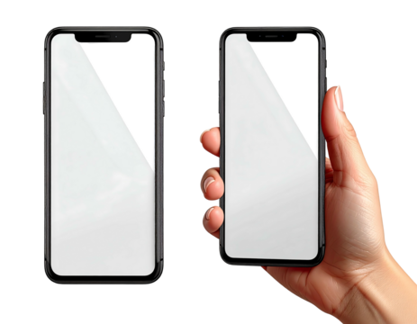 Two black smartphones, one held in a hand, against a dark backdrop, featuring blank white screens for content - Powered by Adobe