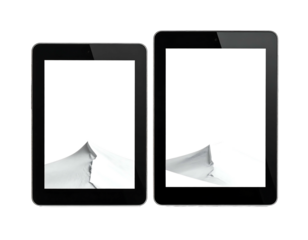 Two black tablets with white screens and a gray abstract design on the bottom of the screens, isolated on black